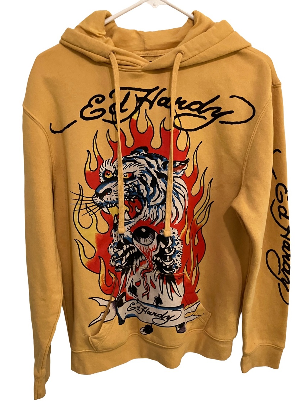IN GREAT CONDITION! ED HARDY GOLDEN FIRE FLAMES TIGER EYE FLEECE HOODIE  SIZE S